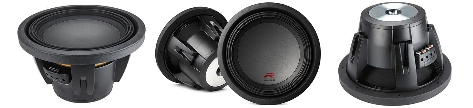 Alpine R-Series Subwoofers front, side, and rear view