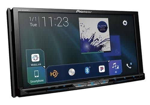Pioneer AVH-W4500NEX tilted view with media and clock