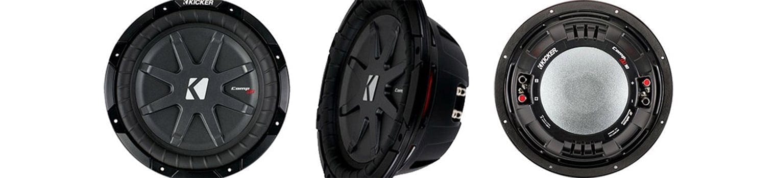 Kicker CompRT Best Slim Subwoofers front, side and back view