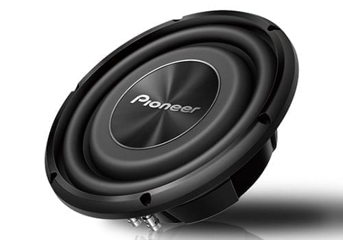Pioneer TS-A2500LS4 front angle view of shallow/slim subwoofer