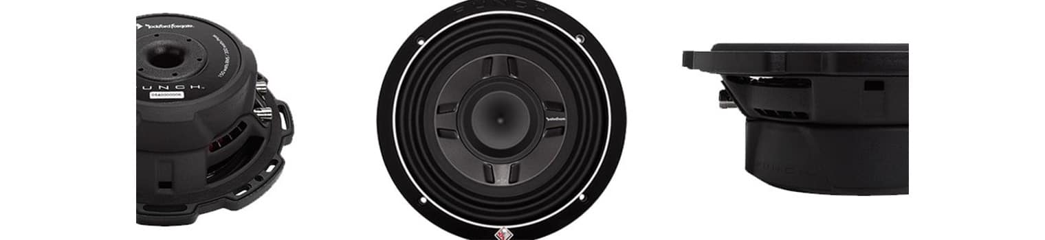 Rockford Fosgate Punch P3 Shallow Series Subwoofers front, side and angle views