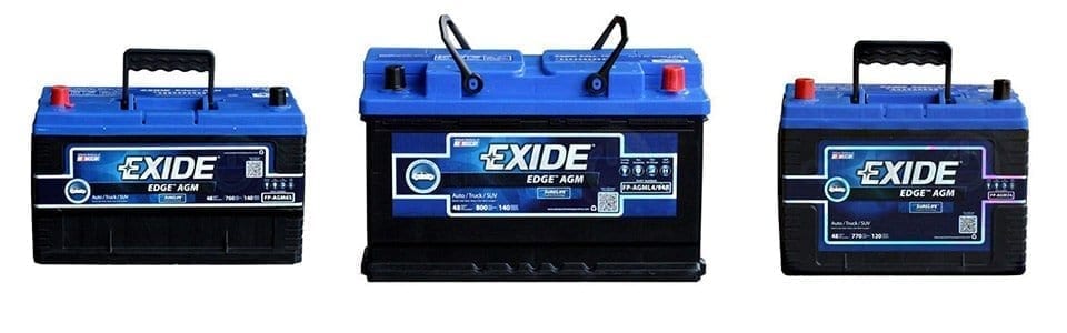 Exide Edge Series Automotive batteries front view of three batteries for car