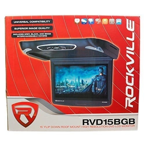 Rockville RVD15BGB Black/Grey/Tan 15" Flip Down Car Monitor With DVD Player With HDMI, USB/SD Inputs, Games, And Wireless Remote/Game Controller