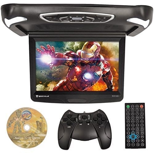 Rockville RVD15BGB Black/Grey/Tan 15" Flip Down Car Monitor With DVD Player With HDMI, USB/SD Inputs, Games, And Wireless Remote/Game Controller