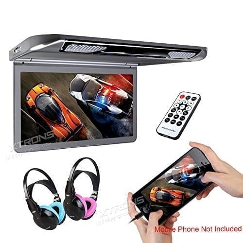 XTRONS® 13.3" HD 1080P Video Car MPV Roof Flip Down Slim Monitor Overhead Player Wide Screen Ultra-thin with HDMI Input 2PCS IR Children Headphones Included(Color: Blue&Pink)