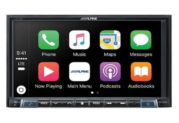 Alpine ILX-207 front view with apple carplay apps on screen