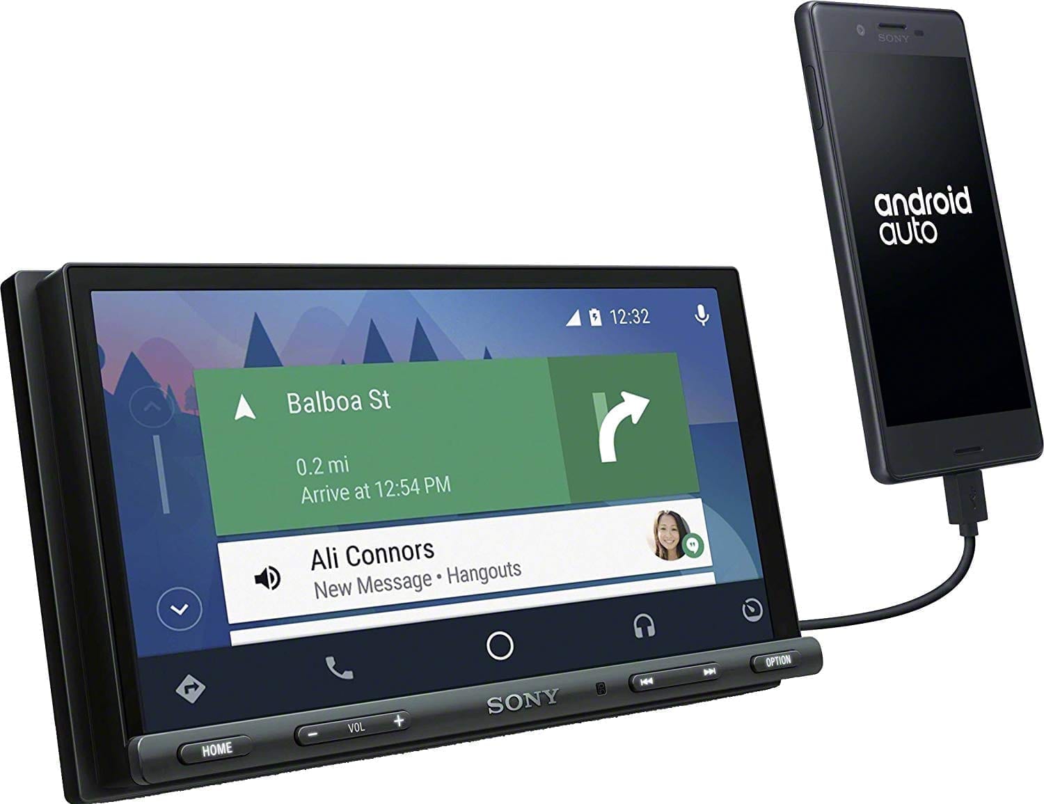 Sony XAV-AX5000 angle view with android auto and navigation on screen