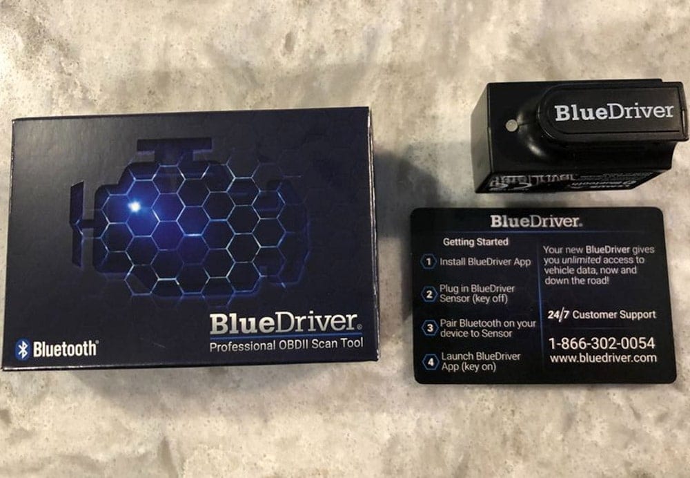 BlueDriver OBD2 Scanner Review image with box, instructions and OBD2 Scanner Device