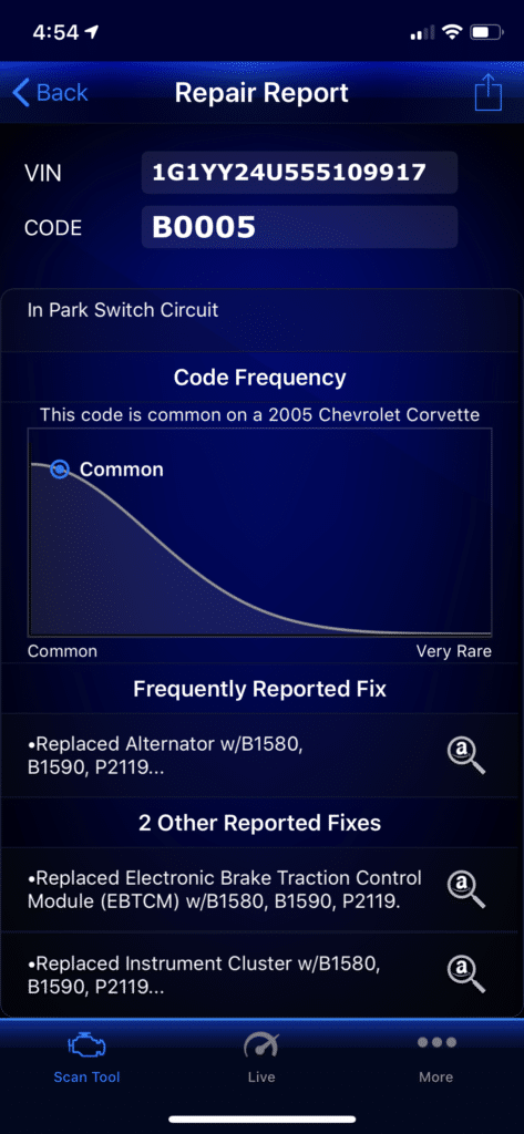 Code report with frequency and common fixes in BlueDriver OBD2 Scanner App