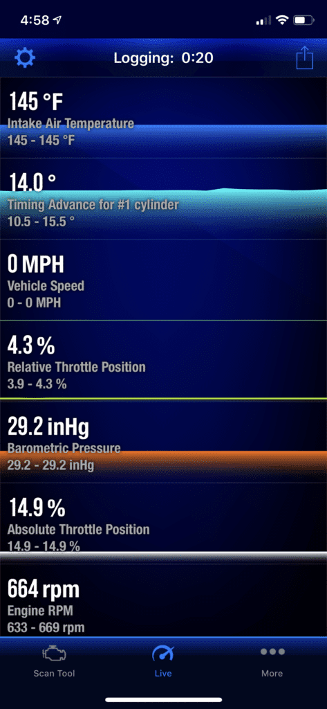 Live data feed of multiple vehicle data in BlueDriver OBD2 Scanner App