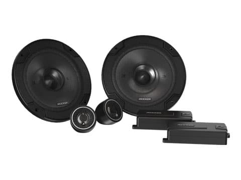 Kicker 46CSS654 main image with woofers, grilles, crossovers and tweeters
