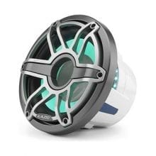 JL Audio M6-10W-S-GmTi-i-4 teal lit front angle view