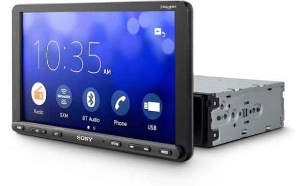 Sony XAV-AX8000 front angle view with screen and single din chassis