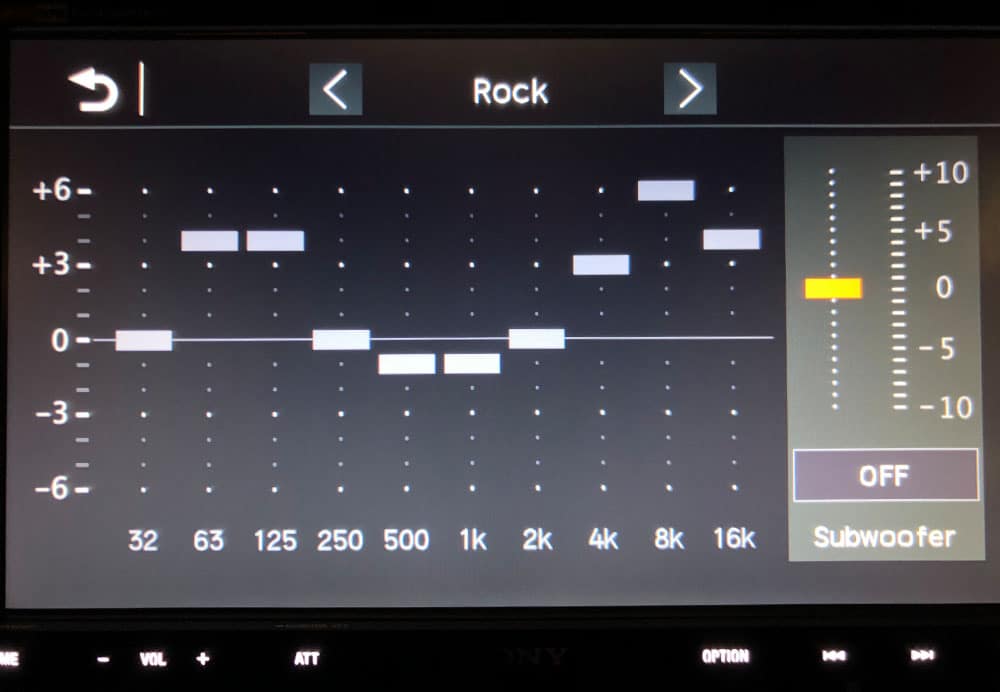 Equalizer screen with rock preset