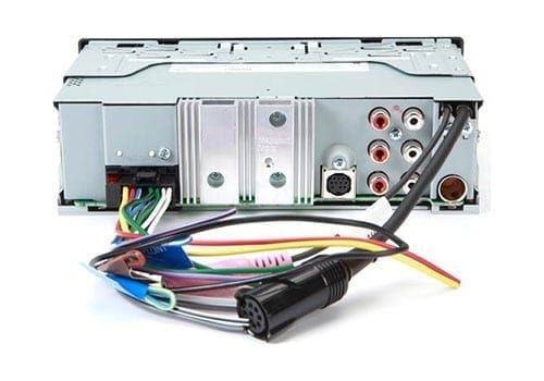 Kenwood KMR-M328BT rear with inputs and wire harness