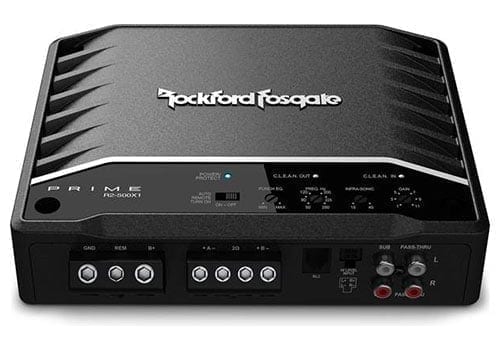 Rockford Fosgate R2-500X1 top angle with power, rca inputs and controls