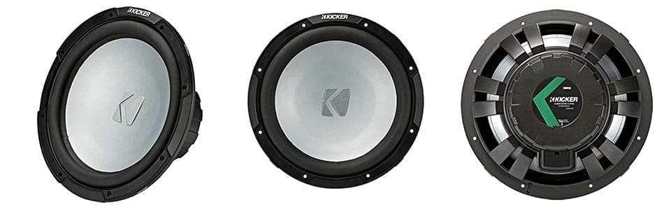 Kicker KM Series Marine Subwoofers with side view, front and rear view for section