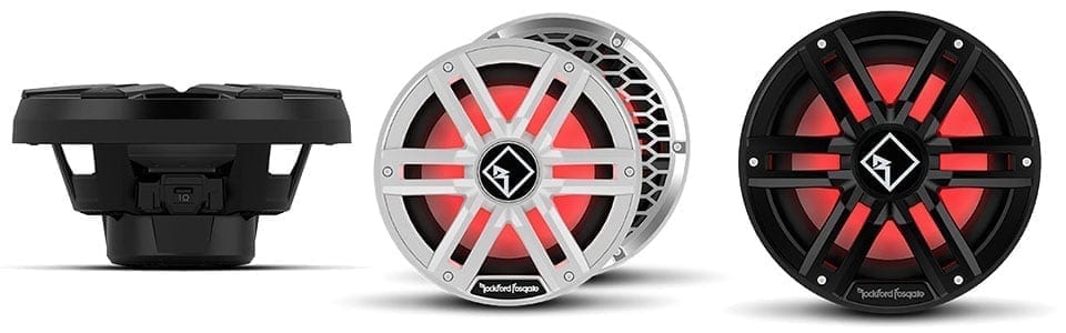 Rockford Fosgate M2 Series Marine Subs front and side view black, white and silver grille for best marine subwoofers page