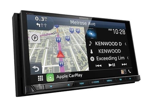 Kenwood eXcelon DNX997XR angle view with carplay and maps on screen