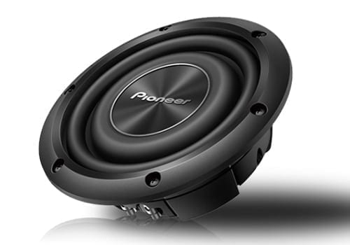 Pioneer TS-A2000LD2 front angle view of slim subwoofer
