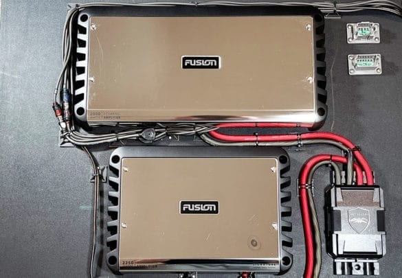 fusion signature series amplifiers installed on amp rack and wired