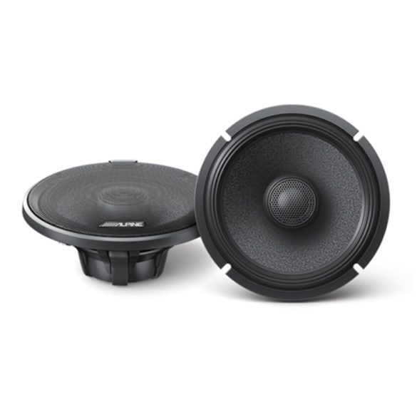 Alpine R-S65.2 front and angle view of 6 1/2" coaxial speaker with and without grille for best list