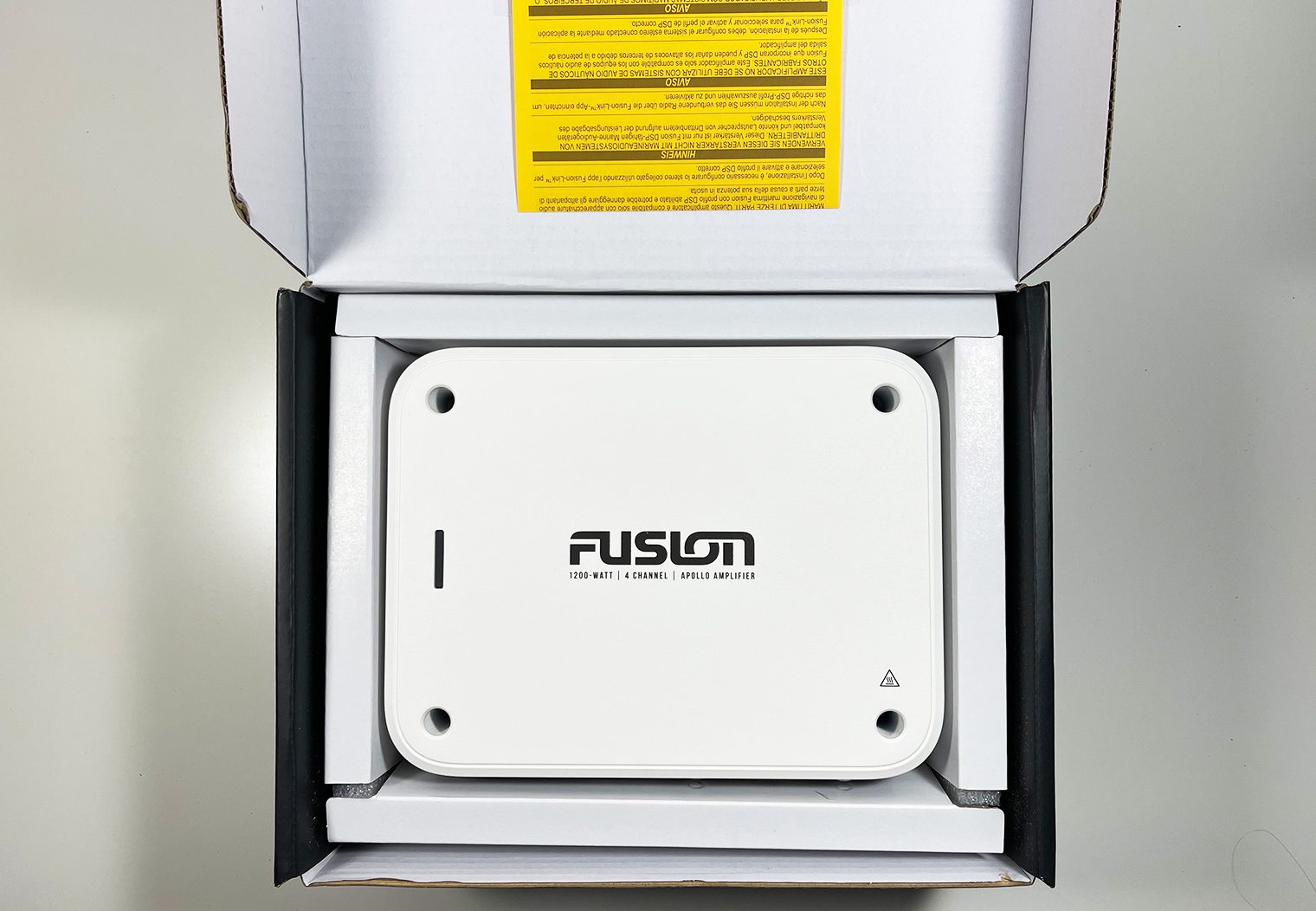 Fusion Apollo MS-AP41200 box open with protective foam removed to expose the amplifier