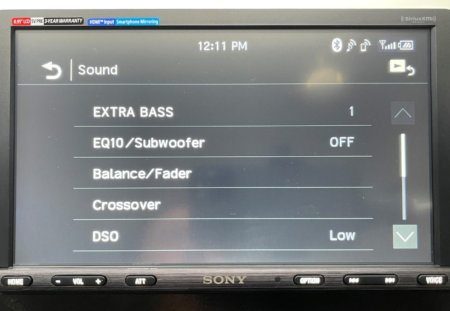 Sony XAV-AX8100 sound settings on screen