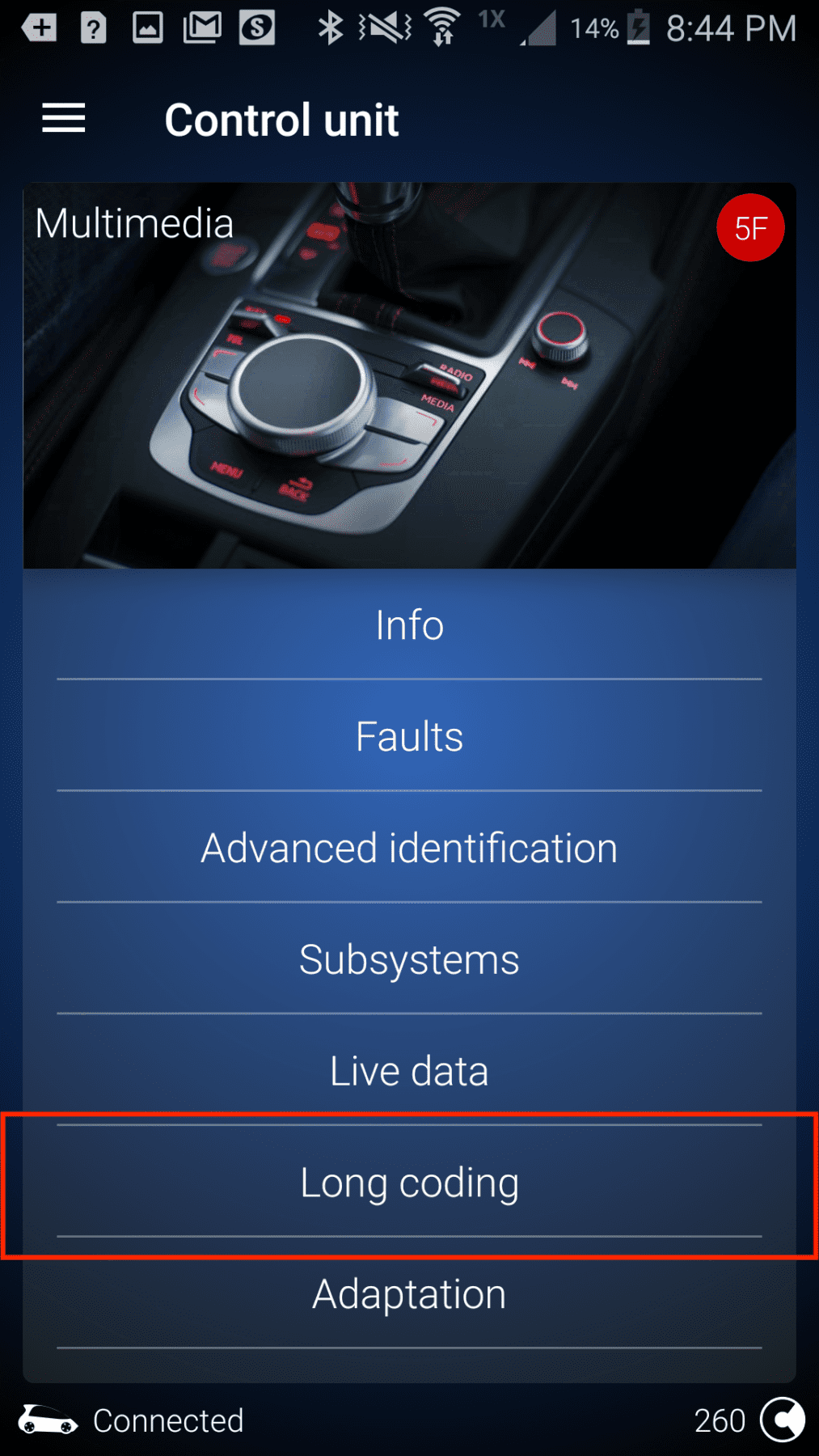 VW MK7.5 OBDEleven Multimedia Control Unit selected with options in app