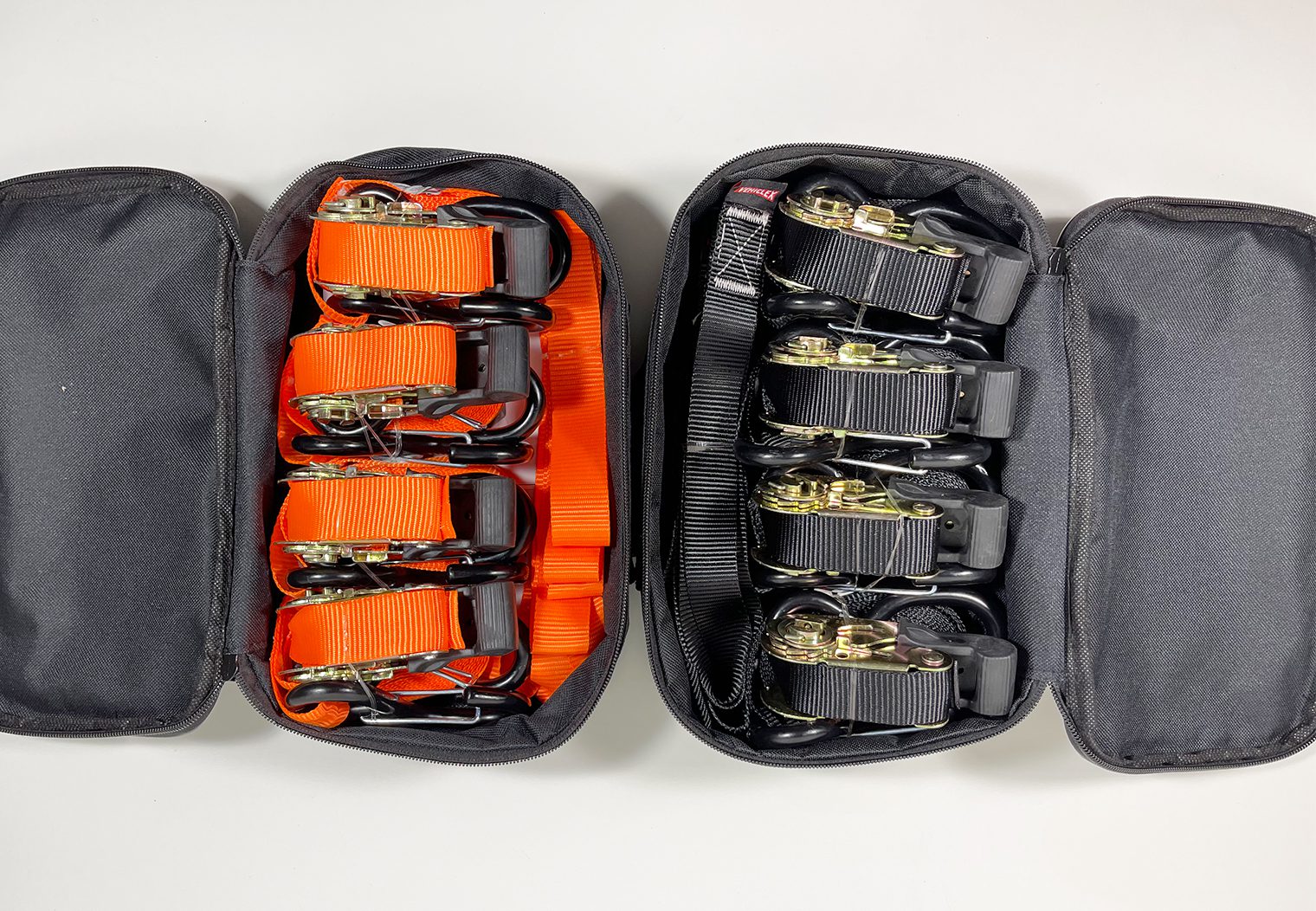 VehicleX Ratchet Tie-Downs in carrying case opened
