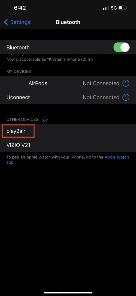 ViseeO Play2Air connecting via bluetooth