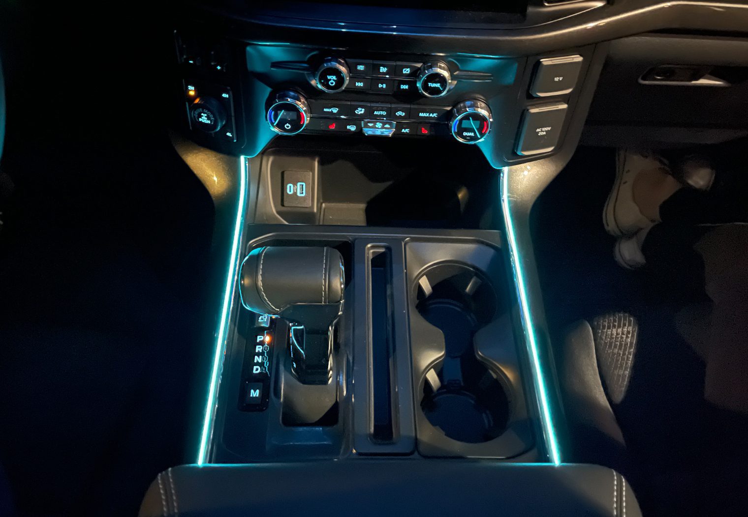 f150 center console with accent light dark top view