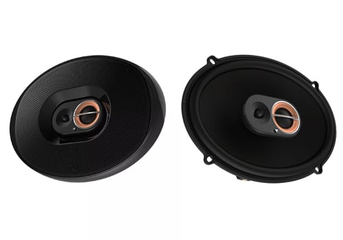 Front angle photos of the Infinity Kappa 693M with and without the grille for the list of best 6x9 speakers article and product page