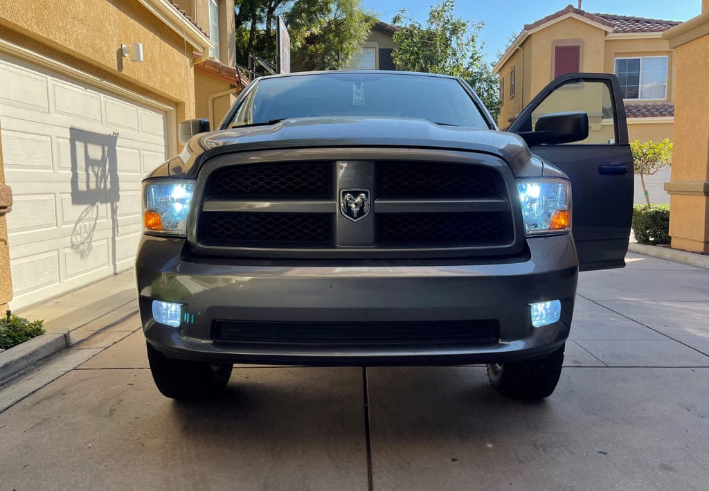 Closeup of the HID headlights installed on a 2012 ram 1500 to show what it looks like afterwards