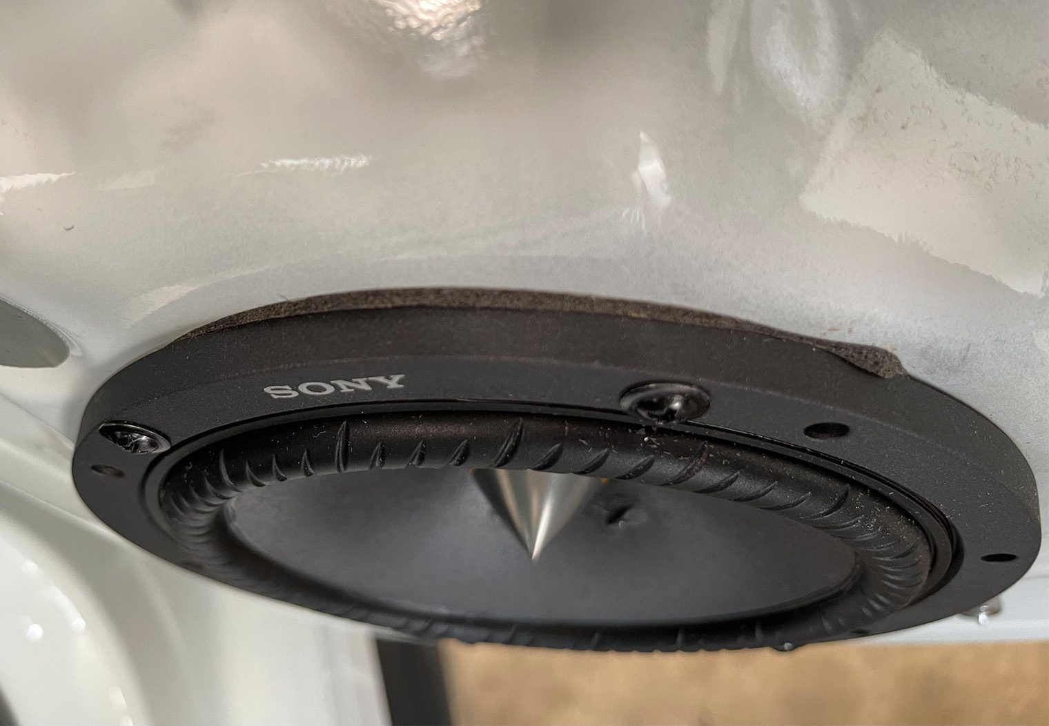 Closeup image of new upgraded Sony speakers on VW GTI MK7.5