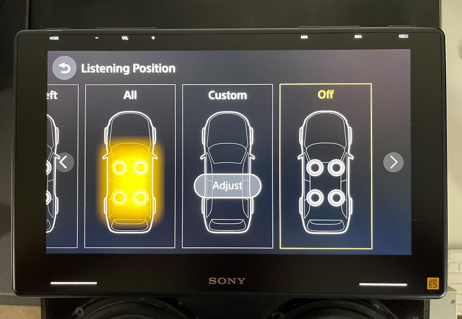 Sony XAV-9500ES listening positions for all, custom and off