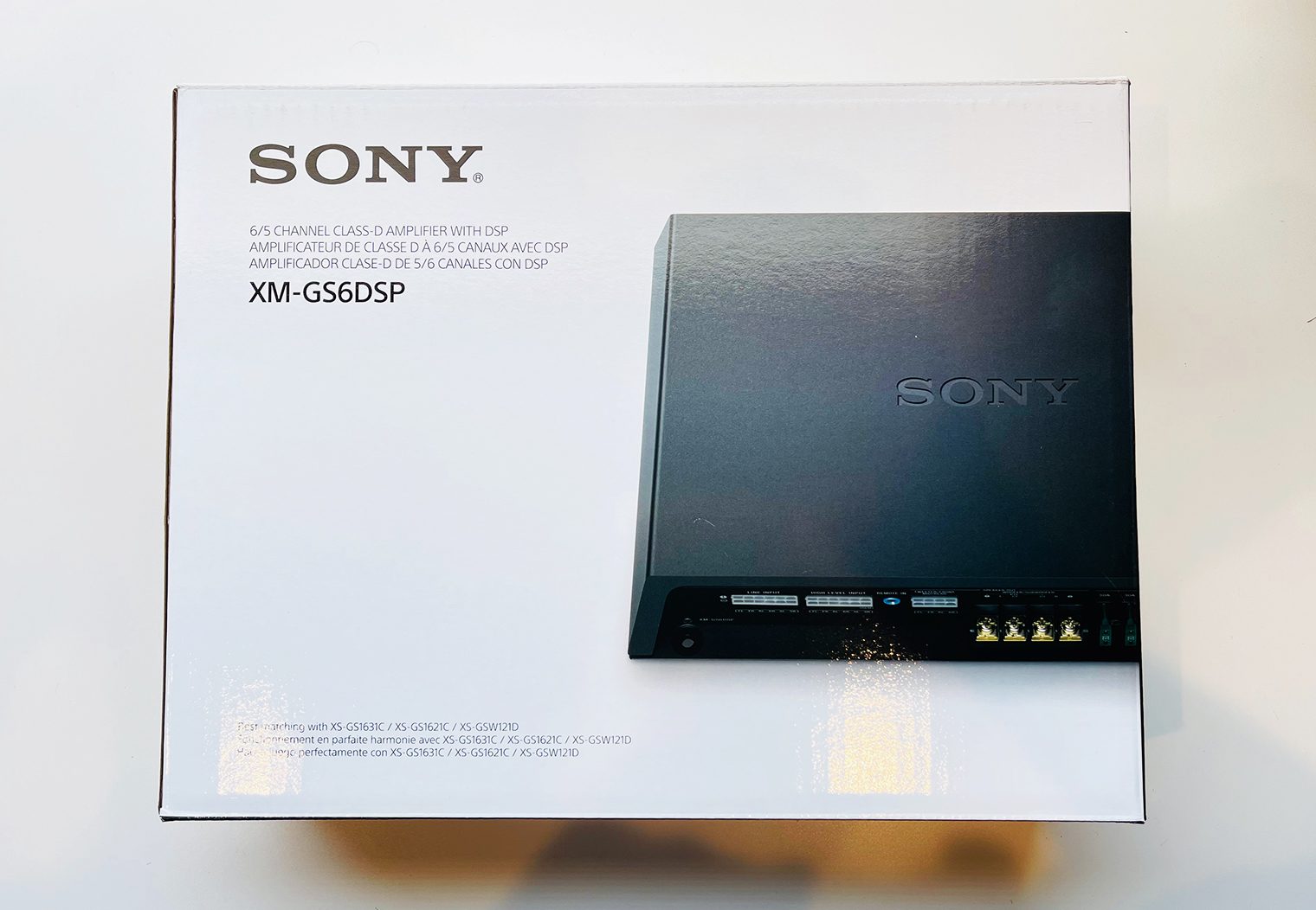 Sony XM-GS6DSP in box, front view of box for review