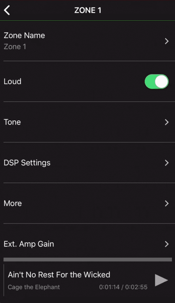 Fusion-Link App settings where you select DSP settings