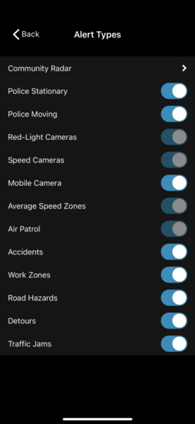 Escort Live Radar App alert types