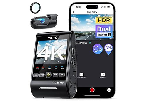 VIOFO A229 Pro with both cameras and app on iphone in view