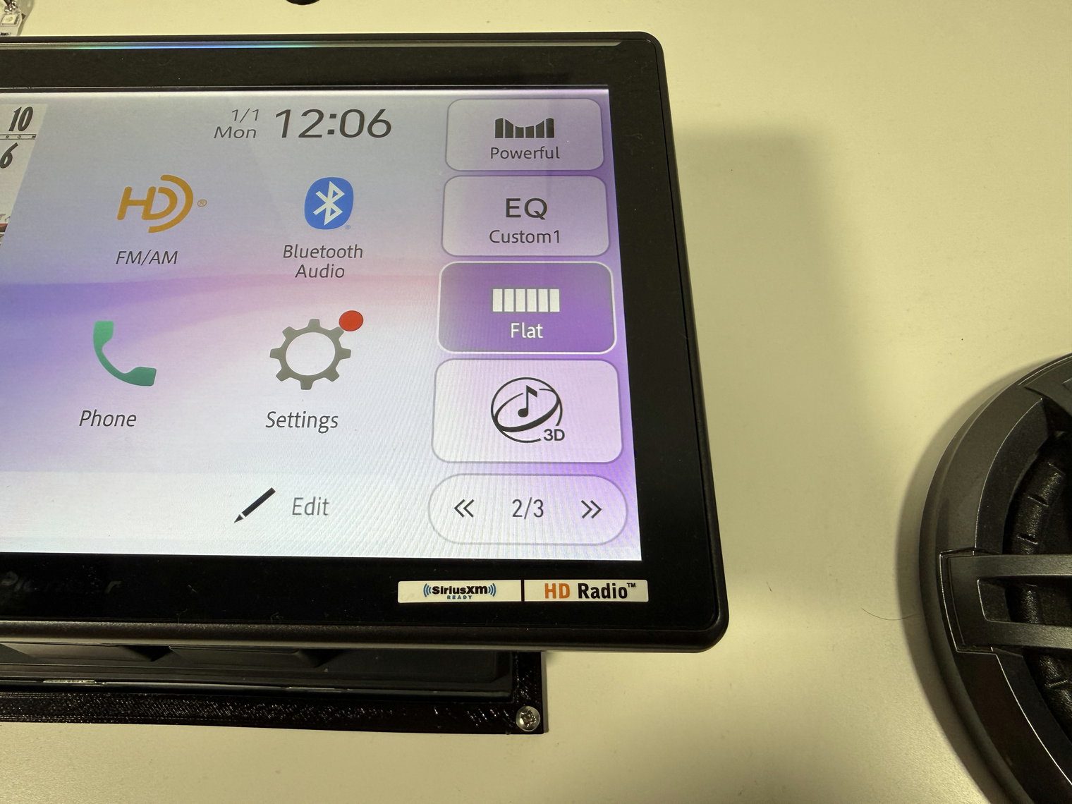 Close-up of the Pioneer DMH-WT8000NEX home screen quick keys with the 3D key lit for Stereo Spatial Sound (upmix)