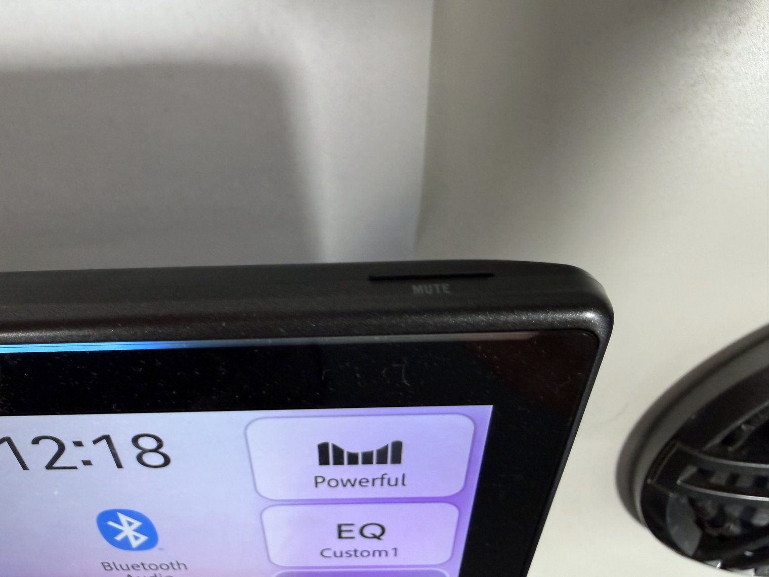 Top-right corner of the Pioneer DMH-WT8000NEX monitor with the physical Mute button on the top edge