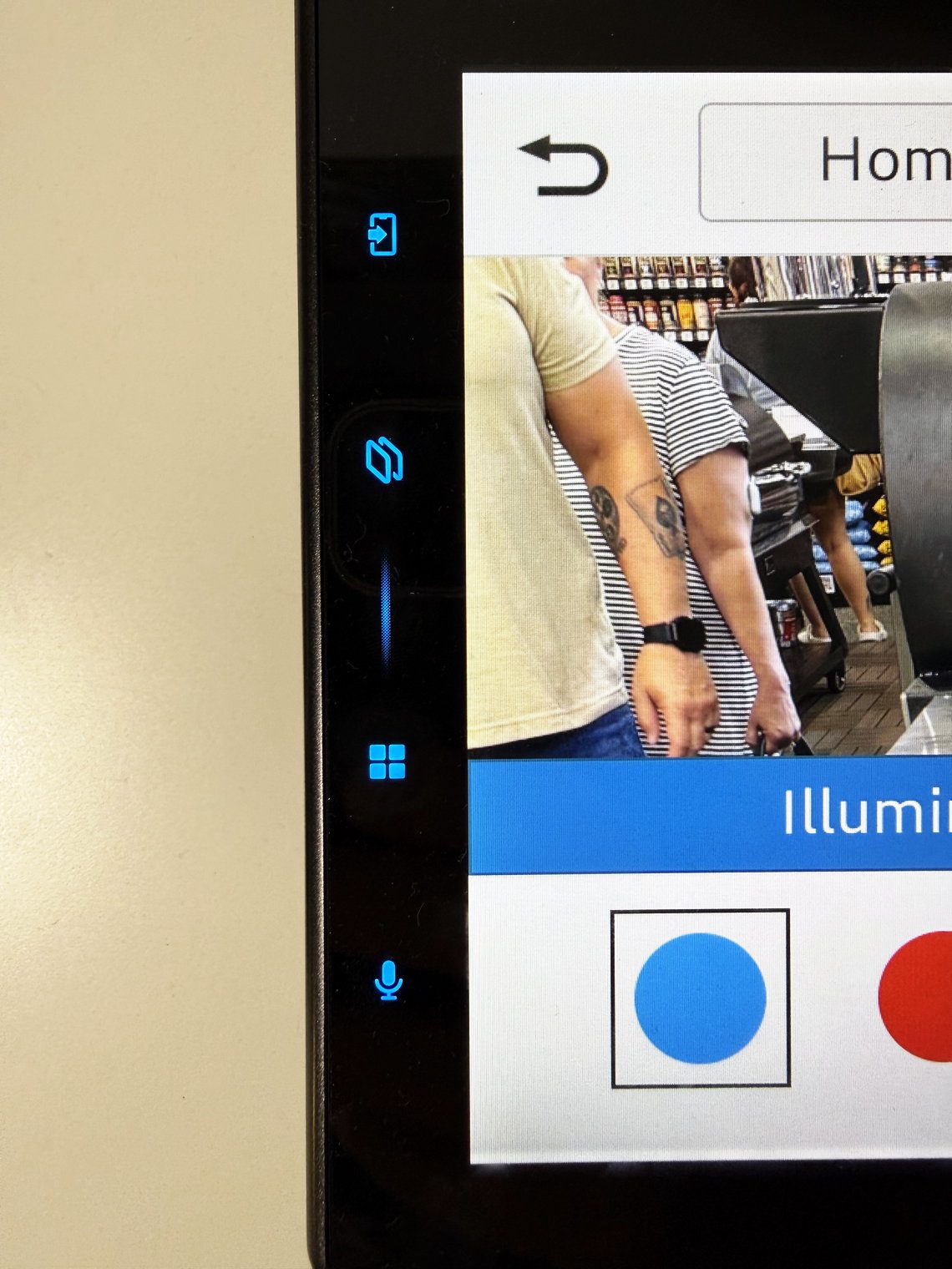Pioneer DMH-WT8000NEX left-edge touch keys lit blue, with the blue swatch selected on the illumination color screen