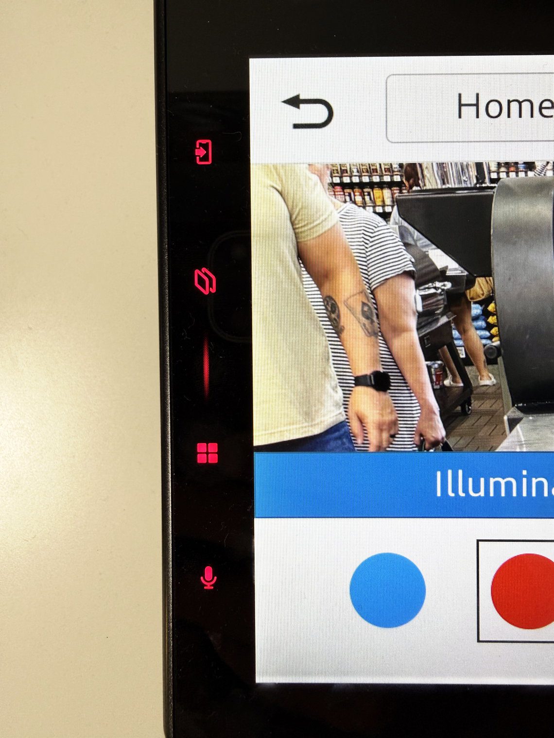 Pioneer DMH-WT8000NEX left-edge touch keys lit red, with the red swatch selected on the illumination color screen