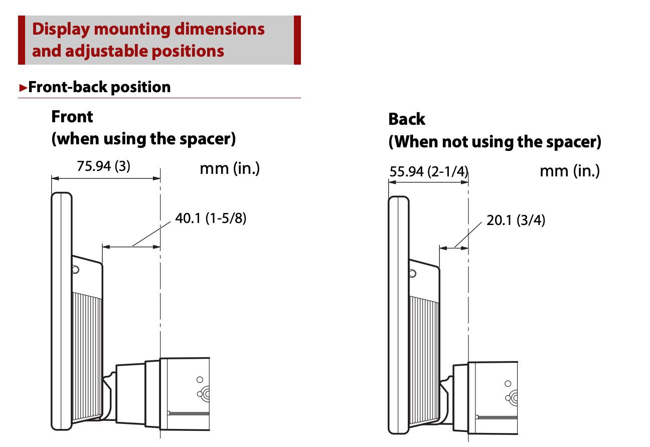 Pioneer DMH-WT8000NEX installation manual side diagrams of the screen's front (spacer) and back (no spacer) depth positions