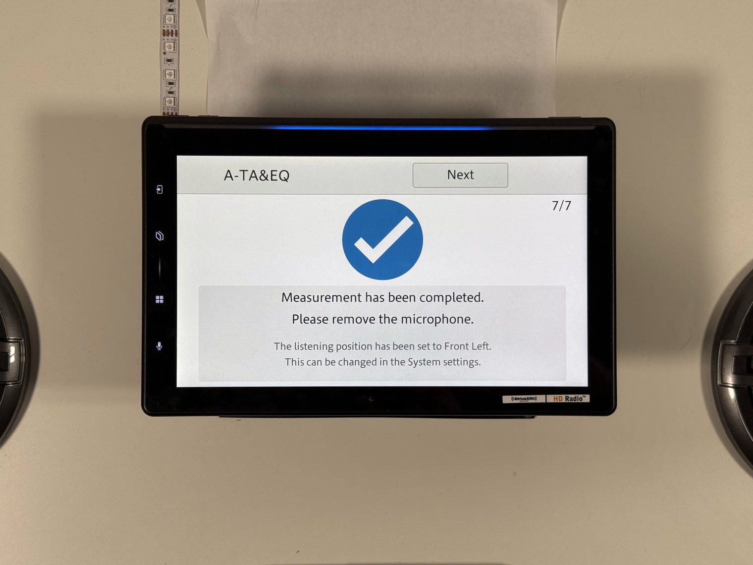 Pioneer DMH-WT8000NEX A-TA&EQ measurement complete screen with the Luminous Bar lit blue