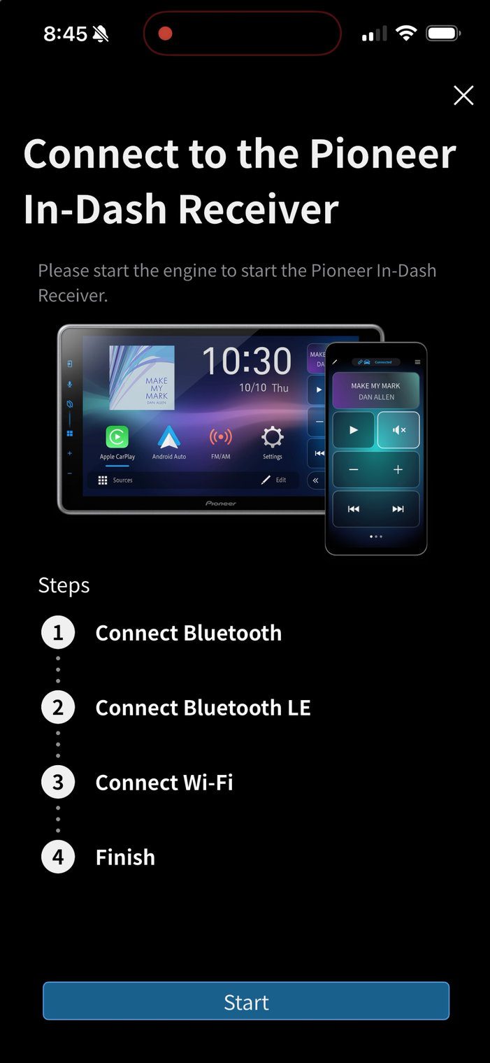 PxLink app screen for connecting the Pioneer DMH-WT8000NEX, listing Bluetooth, Bluetooth LE, Wi-Fi and Finish steps