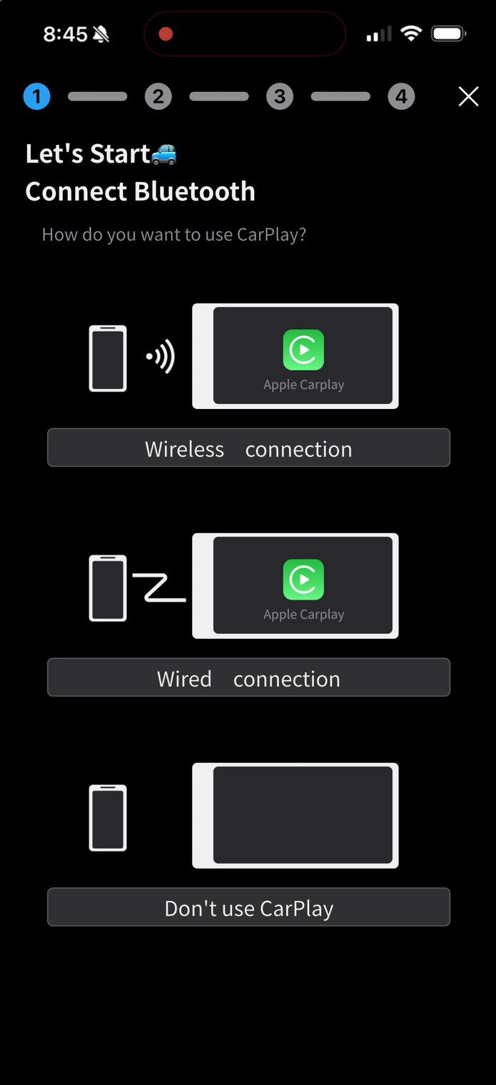PxLink app asking how to use CarPlay with the Pioneer DMH-WT8000NEX: wireless, wired or don't use CarPlay