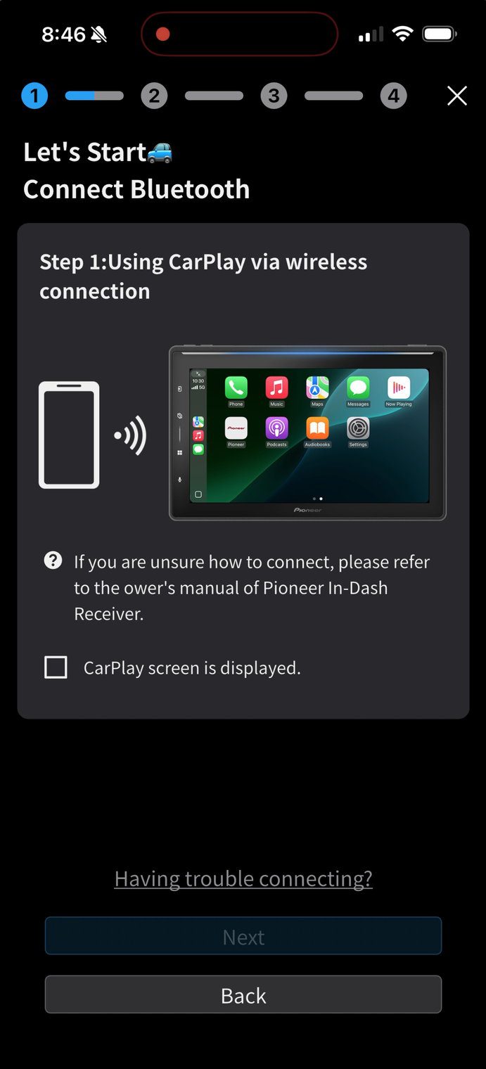 PxLink wireless CarPlay step for the Pioneer DMH-WT8000NEX with a 'CarPlay screen is displayed' checkbox