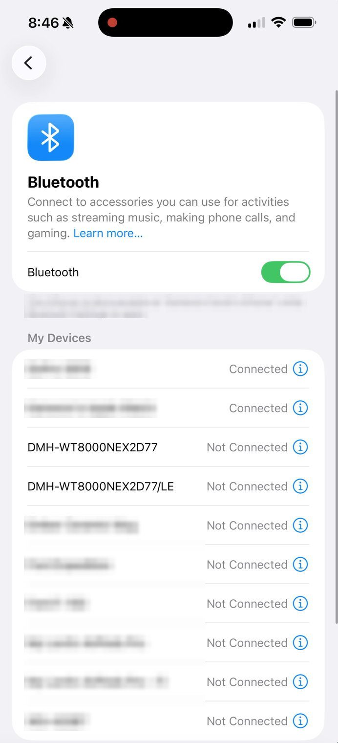iPhone Bluetooth settings listing the Pioneer DMH-WT8000NEX as DMH-WT8000NEX2D77 and DMH-WT8000NEX2D77/LE